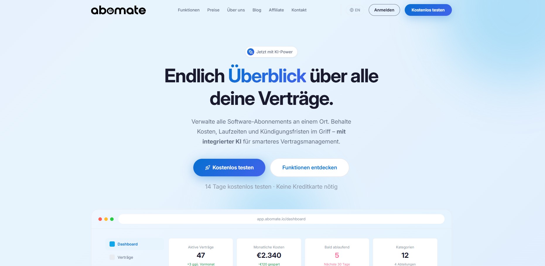 Startseite von abomate.io mit dem Claim „Endlich Überblick über alle deine Verträge“ und einer Vorschau des Dashboards